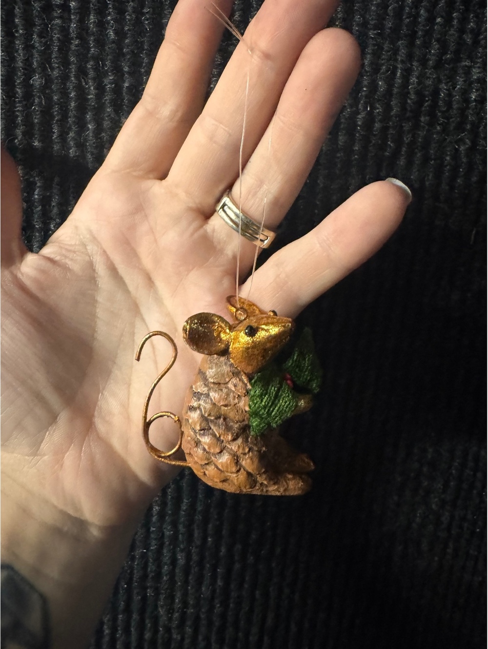 Handmade Pinecone Mouse Christmas Ornament with Green Bow and Holly